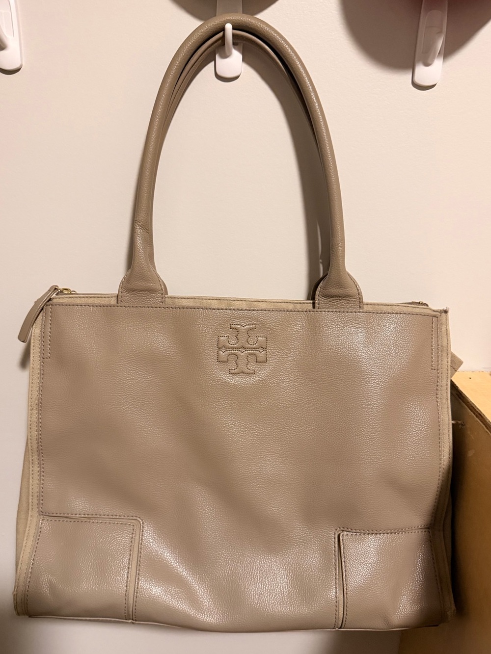 Tory Burch Leather Tote Bag Taupe Pebbled Double T Logo